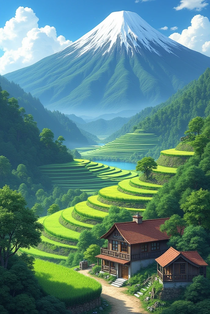 mountain with rice fields and some houses
