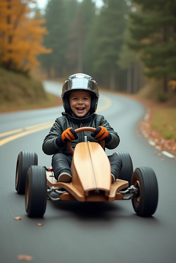 a person wearing a racing suit, helmet and gloves, sitting in a homemade wooden go-kart that speeds down a road. The kart appears to be made from a skateboard, and the person holds on to the handlebars to balance. The person appears to be enjoying the ride and is probably participating in a go-karting event or practicing their driving skills.