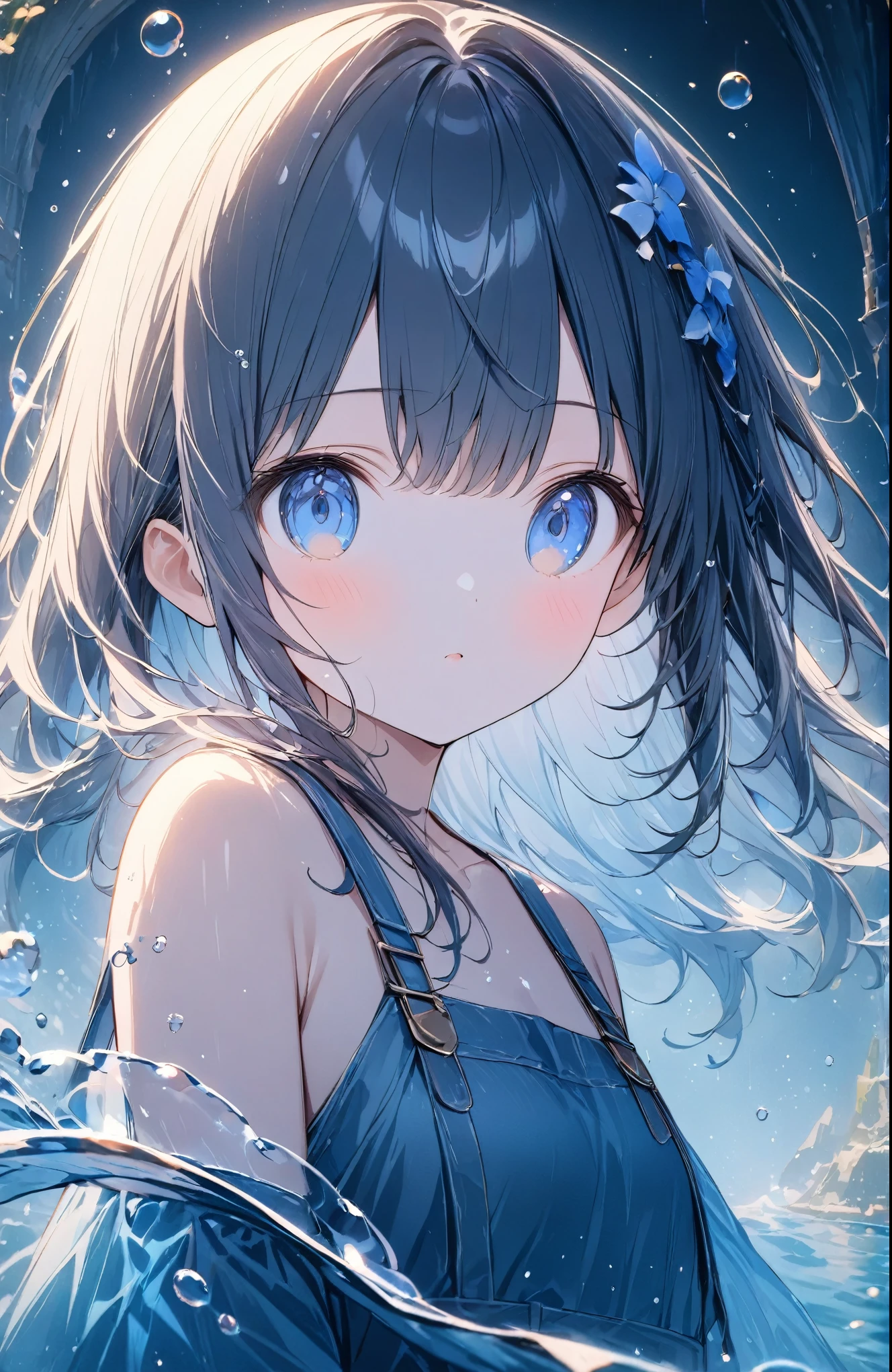 a((Amazingly absurd)),超High resolution, Attention to detail, high quality, High resolution, 最high quality, 4K, 8k,close-up,Cute girl,((Ethereal and mysterious image)),A sunken ruin、Girl in the water、Surrounded by bubbles、A world of deep blue、Overall, a work in deep blue tones