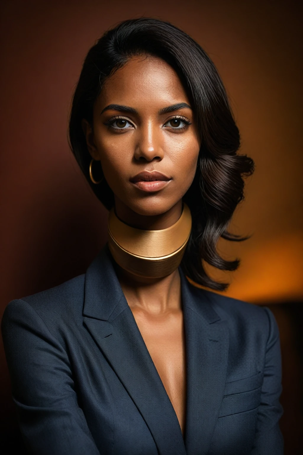 (perfect eyes), (detailed skin), (half-body portrait), Photorealistic South American woman, late 20s, business class lounge, mood lighting, elegant furniture, exquisite suit, stylish decor, warm ambiance, attention to detail, captivating gaze, detailxl