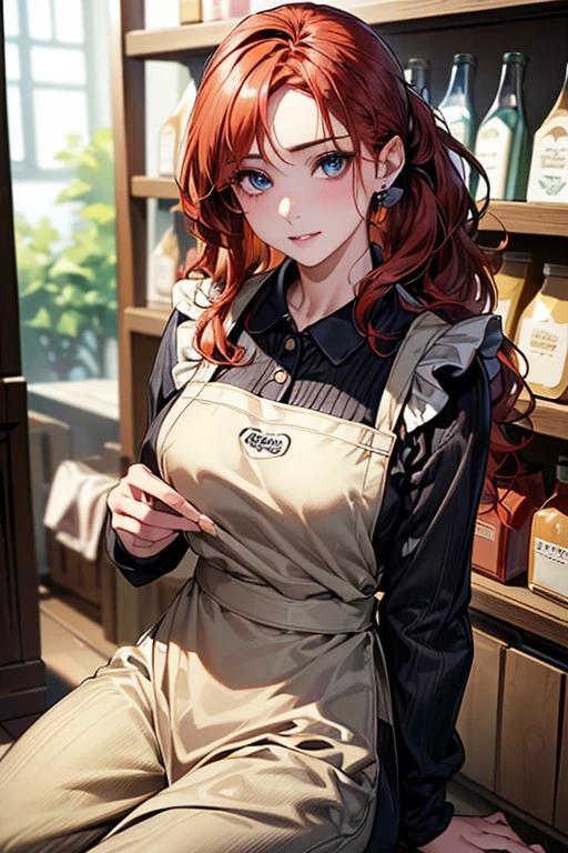 ((Highest quality)),(超High resolution),(Very detailed),(Detailed Description),((The best CG)),(masterpiece),Ultra-detailed art、(Highest quality、8k、32K、masterpiece)、(Realistic)、(Realistic:1.2)、(High resolution)、Very detailed、((Very beautiful face and eyes、Redhead、Loose wavy hair:1.6、hair band:1.9、Low Ponytail:1.4))、1 female、Tight waist、Delicate body、(Highest quality、Attention to detail、Rich skin detail)、(Highest quality、8k、Oil paints:1.2)、Very detailed、(Realistic、Realistic:1.37)、Bright colors、Beautiful Japanese Woman、Detailed face、Smooth Skin、Big Breasts、
"Part-time housewife working at a supermarket、((Light blue polo shirt、Features a simple logo and ribbed collar..。Bottoms are、Khaki Tapered Pants。Please wear a front apron or full-coverage apron of the same color、Shoes are black sneakers))。(Add accessories with a simple belt、This too、This too understated jewelry such as wedding rings and simple earrings.)。If necessary, Wear a light cardigan or jacket、(長い髪にはhair bandを使用する:1.6)。(((Fresh ingredients are all over the background、Food on the shelves、You can see that the products are neatly arranged..:1.4)))。"