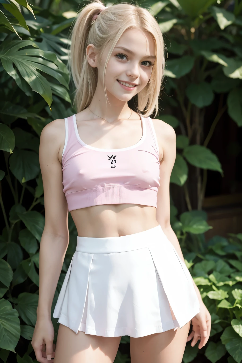 1girl, Full body portrait of happy Beautiful skinny fit blonde girl, (aged 12:1.6), short height, juvenile body, cute happy smile, full lips, attractive innocent rare face, long blond hair in a high ponytail, thin waist, outdoors, she's a tomboy, (she wears a very girly outfit:1.3), (((ulltra short, transparent white crop top))), (((revealing pink micro skirt)))