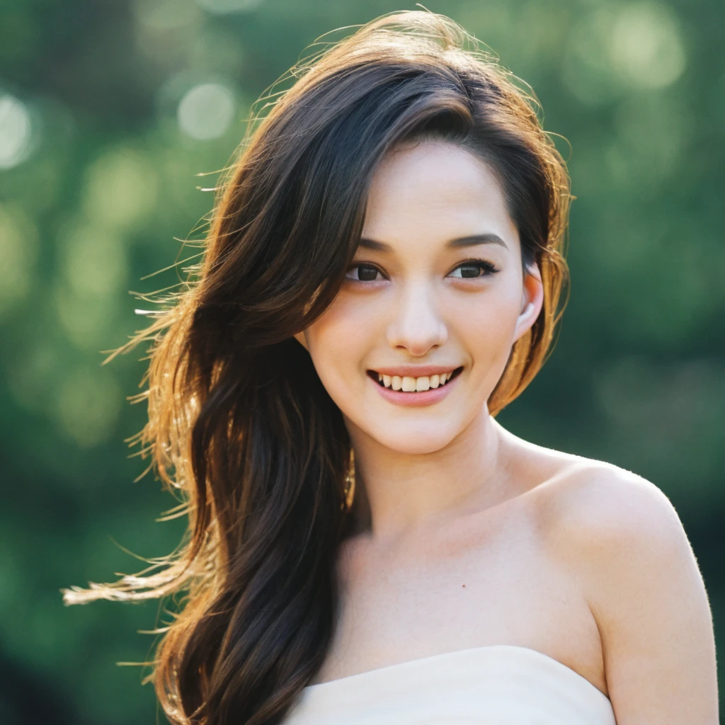 1girl, quite a bit body, Realistic photograph best quality portrait of a beautiful gorgeous young cute Asian woman, 21yo., looking something, detailed face, Realistic texture human skin, very beauty long and slender bright glowing face, droopy hooded eyes, wavy nose, full wide lips, close lips wided smile, ponytail, wind flowing hair, studio portrait, (((young Marion Cotillard blended face mixed with young Anne Hathaway))), wearing white strapless crop top, hand up to swing up hair, flirting smiling portrayal, ethereal girl, intimate lighting sturdy, real photo, brown eyes, zoomed, best quality, masterpiece, Leica SL3, Summicron-SL 75mm ASPH, F/1.8, (cinematic still:1.2), Film Never Die Kiro 400 film, bokeh, rim lighting, silhouette, shallowed depth of field,