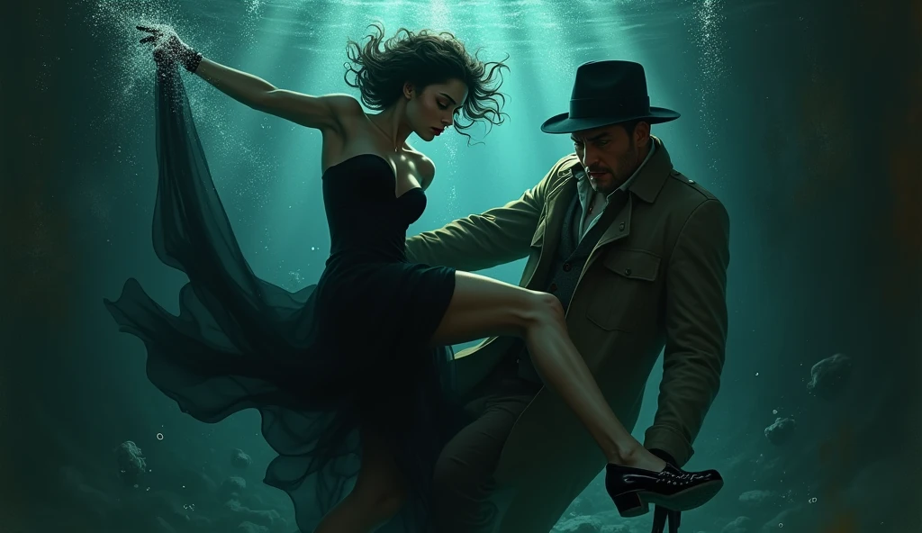 Film Noir Art Style: Underwater view of the femme fatale Evelyn (Physical Appearance: A striking woman in her late 20s with high cheekbones and a sharp jawline. Her pale skin contrasts starkly with her dark, piercing green eyes. Her lips are painted a deep crimson, set in a subtle smirk hinting at her dangerous allure.
Clothing: She wears a sleek, black, form-fitting dress reaching just below her knees, shimmering slightly under the dim city lights. A wide-brimmed hat is tilted elegantly, partially concealing her face in shadow, enhancing her enigmatic presence. Black high heels and tight-fitting satin gloves complete her attire.) and detective John (Physical Appearance: A rugged man in his mid-30s with a strong jawline and a five o'clock shadow. His piercing blue eyes exude unwavering determination. Weathered skin hints at a life spent on the streets.
Clothing: Dressed in a dark, double-breasted trench coat reaching his knees, flaring slightly as he moves. A classic black fedora with a tilted brim casts a shadow over his eyes. Worn leather gloves and polished, albeit scuffed, shoes complete his ensemble.) struggling in the murky, shadow-filled water. Evelyn’s wide-brimmed hat floats away, her dress billowing around her like dark tendrils in the water. Her sharp green eyes are wide with determination as she kicks free from John’s grip. John’s trench coat drifts with the currents, and he reaches out desperately to grab her ankle, his fedora still firmly on his head. His piercing blue eyes are narrowed with focus, his expression one of grim resolve. The light from the surface above is dim and diffuse, casting eerie, wavering patterns on their faces. Bubbles and debris float around them, adding to the chaos and the sense of suffocating tension.