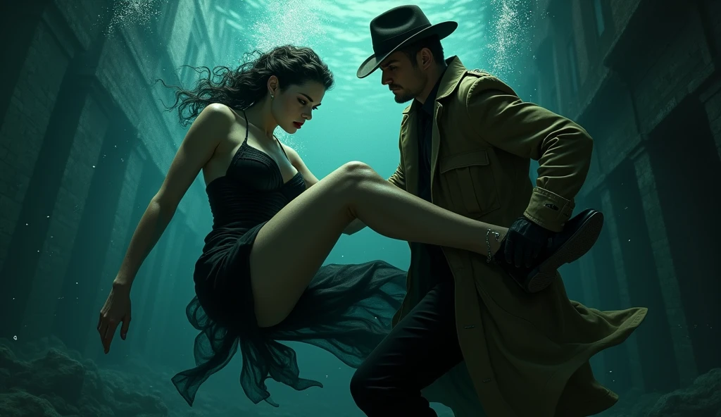Film Noir Art Style: Underwater view of the femme fatale Evelyn (Physical Appearance: A striking woman in her late 20s with high cheekbones and a sharp jawline. Her pale skin contrasts starkly with her dark, piercing green eyes. Her lips are painted a deep crimson, set in a subtle smirk hinting at her dangerous allure.
Clothing: She wears a sleek, black, form-fitting dress reaching just below her knees, shimmering slightly under the dim city lights. A wide-brimmed hat is tilted elegantly, partially concealing her face in shadow, enhancing her enigmatic presence. Black high heels and tight-fitting satin gloves complete her attire.) and detective John (Physical Appearance: A rugged man in his mid-30s with a strong jawline and a five o'clock shadow. His piercing blue eyes exude unwavering determination. Weathered skin hints at a life spent on the streets.
Clothing: Dressed in a dark, double-breasted trench coat reaching his knees, flaring slightly as he moves. A classic black fedora with a tilted brim casts a shadow over his eyes. Worn leather gloves and polished, albeit scuffed, shoes complete his ensemble.) struggling in the murky, shadow-filled water. Evelyn’s wide-brimmed hat floats away, her dress billowing around her like dark tendrils in the water. Her sharp green eyes are wide with determination as she kicks free from John’s grip. John’s trench coat drifts with the currents, and he reaches out desperately to grab her ankle, his fedora still firmly on his head. His piercing blue eyes are narrowed with focus, his expression one of grim resolve. The light from the surface above is dim and diffuse, casting eerie, wavering patterns on their faces. Bubbles and debris float around them, adding to the chaos and the sense of suffocating tension.