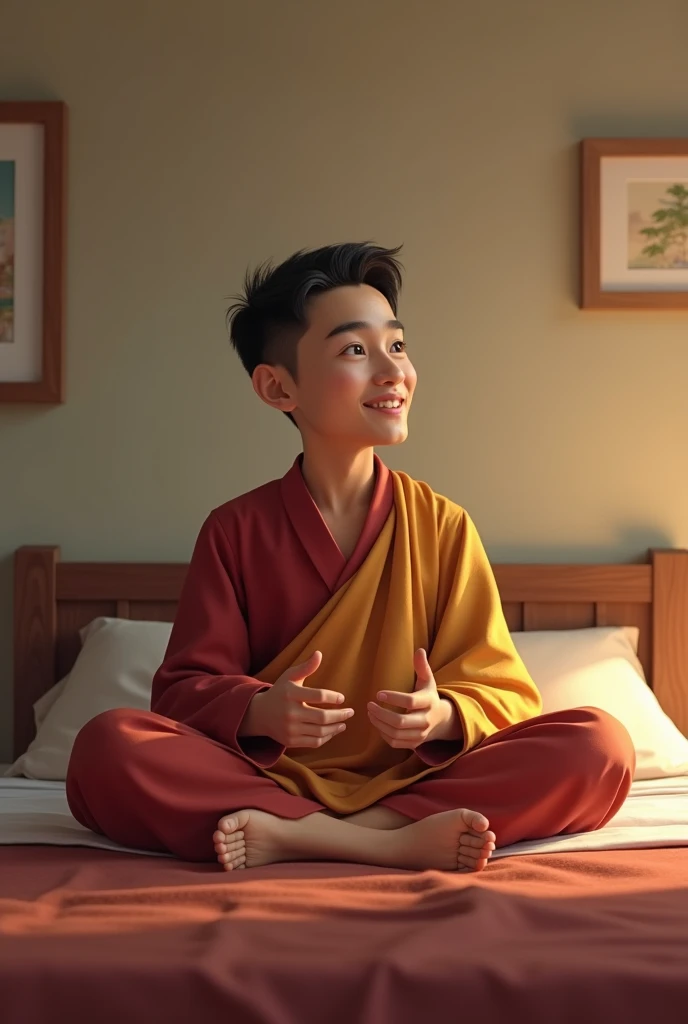 Bhutanese young man talking while sitting on bed