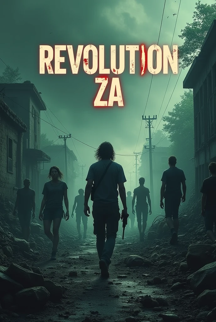 A dayz wallpaper with the name Revolution ZA in 4K resolustion in a dark theme with zombies landscape 
