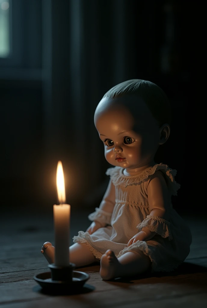 Doll in dark room and staring on candle