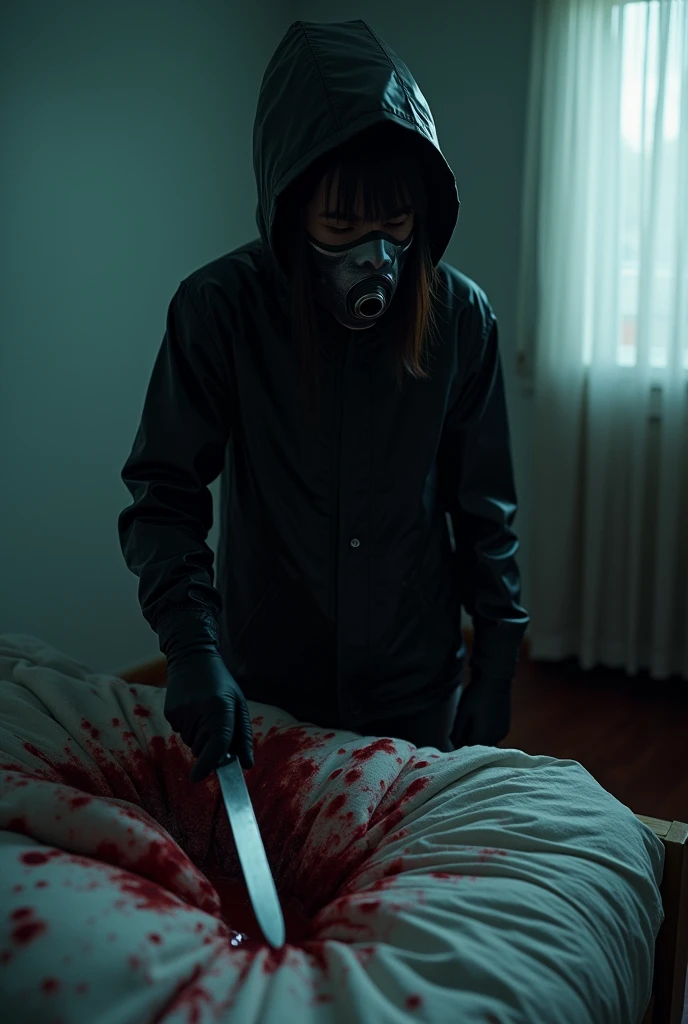 korean girl, (behind corpse, holding knife), black surgical mask, leather gloves, room full of blood, transparent raincoat, bucket hat, holding knife, leather gloves, woman on top, behind corpse, blood splatter, bed room, night, mass murderer, killer, long bangs, blood splatter, dark atmosphere, cinematic lighting, atmospheric realistic, close-up, tripod and camera in the back, shooting with camera
