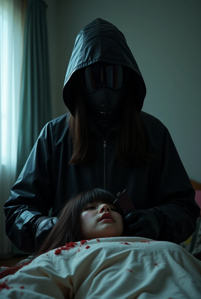 korean girl, (behind stiff, holding knife), black surgical mask, black leather gloves, bloody room, white raincoat, hood up, holding knife, leather gloves, woman on top, behind cadaver, blood splatter, bed room, night, mass murderer, killer, long bangs, blood splatter, atmospheric realistic, white room, close-up, tripod and camera in the back, shooting with camera
