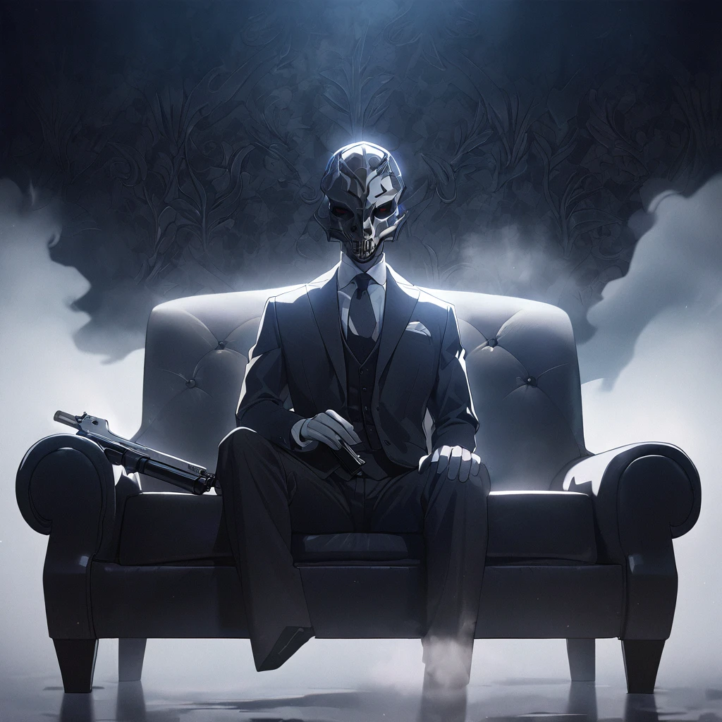 1man, masterpiece, strange head, couch, gun, pistol, smoke, formal clothes, suit, white shirt, gorgeous, no humans, cinematic, dramatic, contrast, night, fog, wallpaper, misteryous,