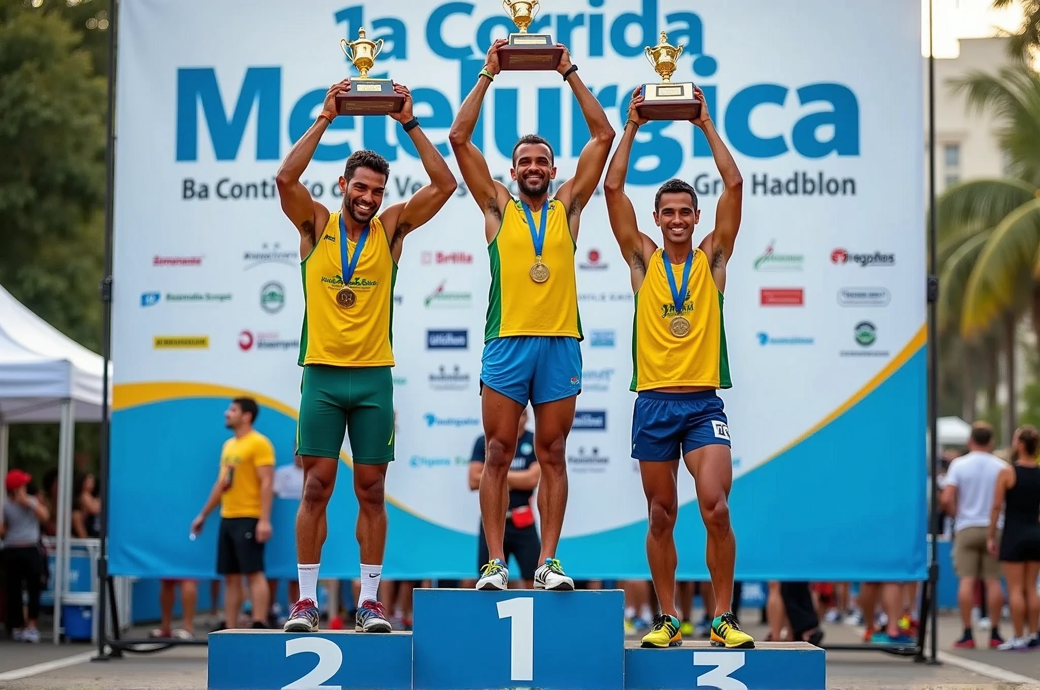 A high-quality photo of three Brazilian athletes standing on a podium during a marathon award ceremony in the daytime. The athletes are wearing colorful athletic gear and medals around their necks, proudly holding trophies above their heads with expressions of joy and accomplishment. The podium is marked with the numbers 1, 2, and 3, indicating their respective positions. The background features a large banner with the text "1ª Corrida Metelurgica" prominently displayed, along with the event’s sponsors. The scene is lively, with spectators and event staff visible, and the overall atmosphere is celebratory and triumphant.