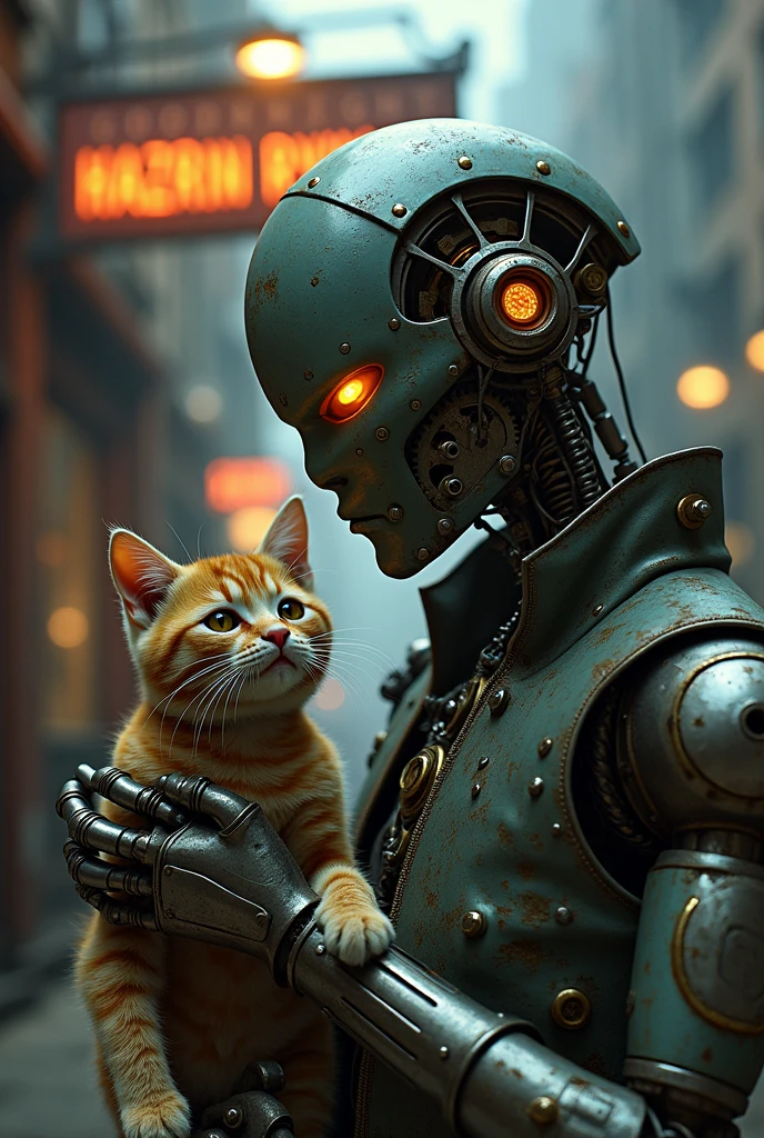 A realistic close up shot of a cyberpunk steampunk style man and kitten . The man and kitten body combine mechanical elements, with brass gears and neon lits eyes. It's legs are made of complex steel joints and metal wires. The background is steampunk city at night. The signboard says "GOODNIGHT HAZRIN RYNN"