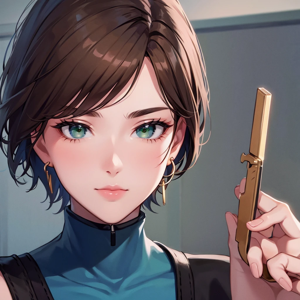 Strictness, eyebrows knitted, short hair, Brown hair, earrings, green eyes, solo,
