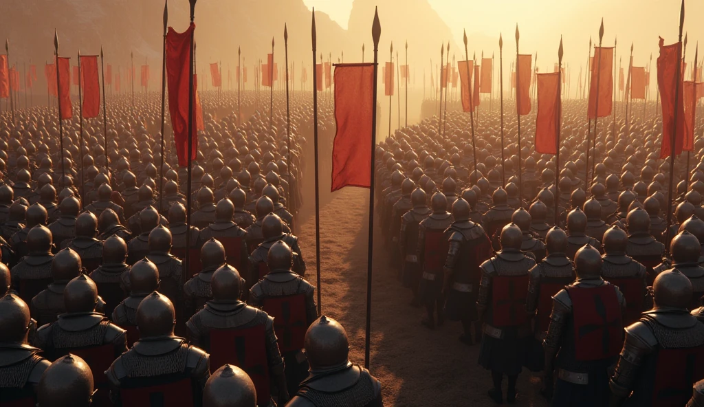A highly realistic, high-contrast, 8K HD, detailed, hyper-detailed image of two opposing armies, the Crusaders and their enemies, gathered on a battlefield. The scene is viewed from above, capturing the vast number of soldiers assembled. The Crusaders, wearing steel armor with red crosses on their tunics, stand united with their banners and flags proudly displayed, while the enemy army stands opposite them, without any banners. The atmosphere is tense, as both sides prepare for the impending battle. The dramatic lighting highlights the armor and the contrasting forces, creating a powerful and intense scene. The image is of the highest quality, with ultra-high resolution, RAW photo quality, and Unreal Engine rendering, showcasing the grandeur and scale of this epic confrontation between the Crusaders and their enemies.
