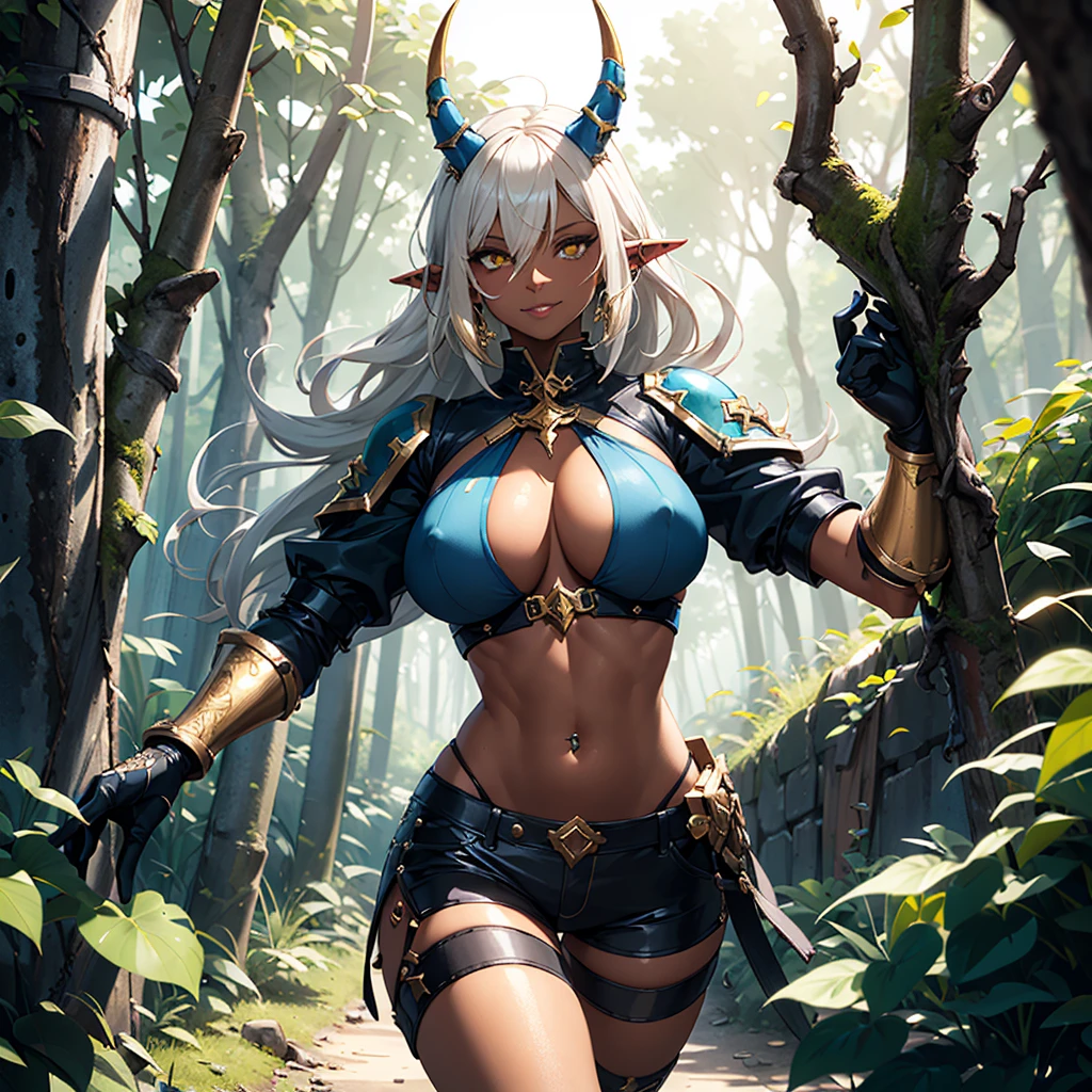 ((best quality)), ((masterpiece)), (detailed), 1 women pornstar dark barbarian class, 8k_wallpaper, extremely detailed eyes, (large masterpiece digital art), (intricate details:1.3 ), (ultra-detailed:1.3), (sharp focus:1.3), (natural lighting:1.05), (vivid colors:1.3), (best quality:1.4), high quality, expressive eyes, full body, detailed face, beautiful face, perfect face, ((hair sandy white curls)), ((gold horns)), (gold eyes), {{dark skin}}, ({dark skinned female}), big breasts, huge chest, powerful relief muscles of the abdomen and legs, powerful strong muscles of the arms, belly piercing with blue emeralds, cruel predatory and cold-blooded arrogant look and smile, dressed in a light open blue coat with rolled up sleeves, a translucent yellow crop top with strong outlines of large pointed nipples with piercings, steel combat pauldrons, steel bracers and leather gloves, leather shorts, walks along the path against the backdrop of a ruined elf village and flowering vines and wild forests, style dark fantasy and adventure fantasy world,