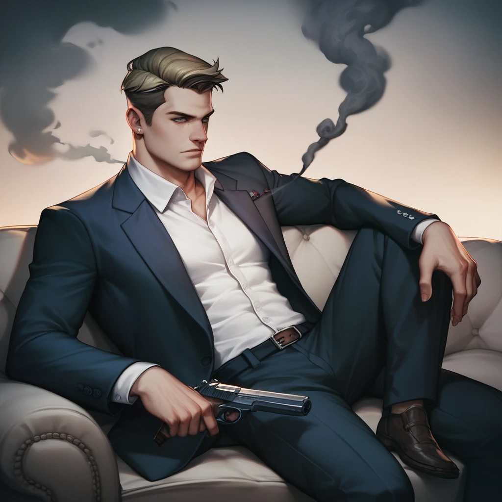 1man, masterpiece, strange head, couch, gun, pistol, smoke, formal clothes, suit, white shirt, gorgeous, no humans, cinematic, dramatic, contrast, night, fog, wallpaper, misteryous,