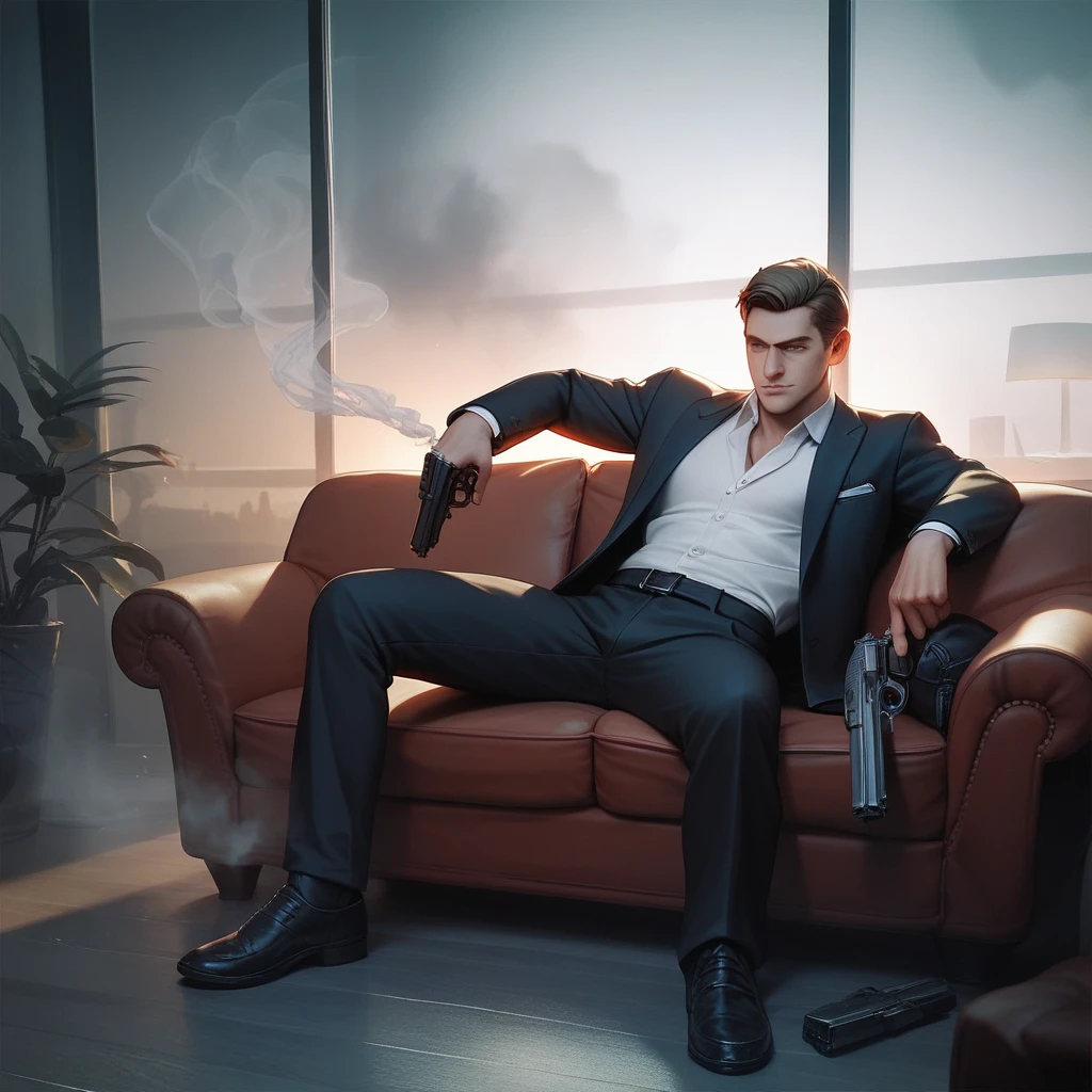 1man, masterpiece, strange head, couch, gun, pistol, smoke, formal clothes, suit, white shirt, gorgeous, no humans, cinematic, dramatic, contrast, night, fog, wallpaper, misteryous,