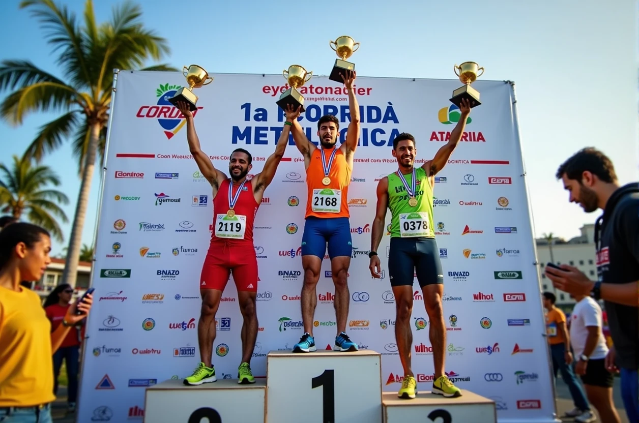 A high-quality photo of three Brazilian athletes standing on a podium during a marathon award ceremony in the daytime. The athletes are wearing colorful athletic gear and medals around their necks, proudly holding trophies above their heads with expressions of joy and accomplishment. The podium is marked with the numbers 1, 2, and 3, indicating their respective positions. The background features a large banner with the text "1ª Corrida Metelurgica" prominently displayed, along with the event’s sponsors. The scene is lively, with spectators and event staff visible, and the overall atmosphere is celebratory and triumphant.