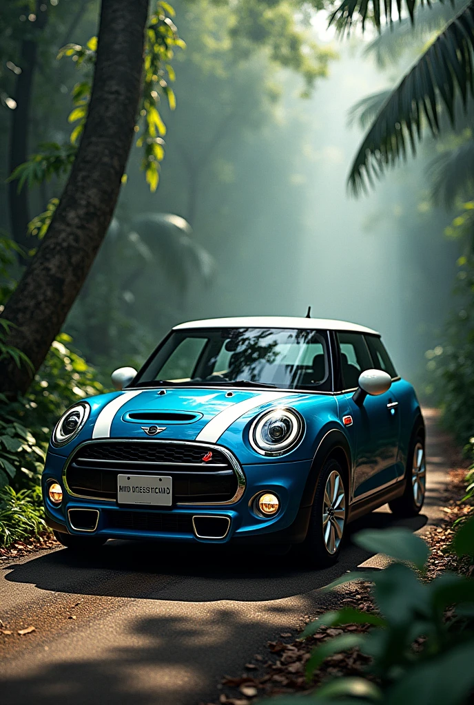 In perspective, a blue Mini Cooper from 2007 with a white roof on a street in the Bolivian Amazon , Illuminated amidst mist and shadows 
