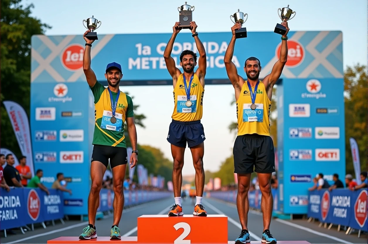 A high-quality photo of three Brazilian athletes standing on a podium during a marathon award ceremony in the daytime. The athletes are wearing colorful athletic gear and medals around their necks, proudly holding trophies above their heads with expressions of joy and accomplishment. The podium is marked with the numbers 1, 2, and 3, indicating their respective positions. The background features a large banner with the text "1ª Corrida Metelurgica" prominently displayed, along with the event’s sponsors. The scene is lively, with spectators and event staff visible, and the overall atmosphere is celebratory and triumphant.