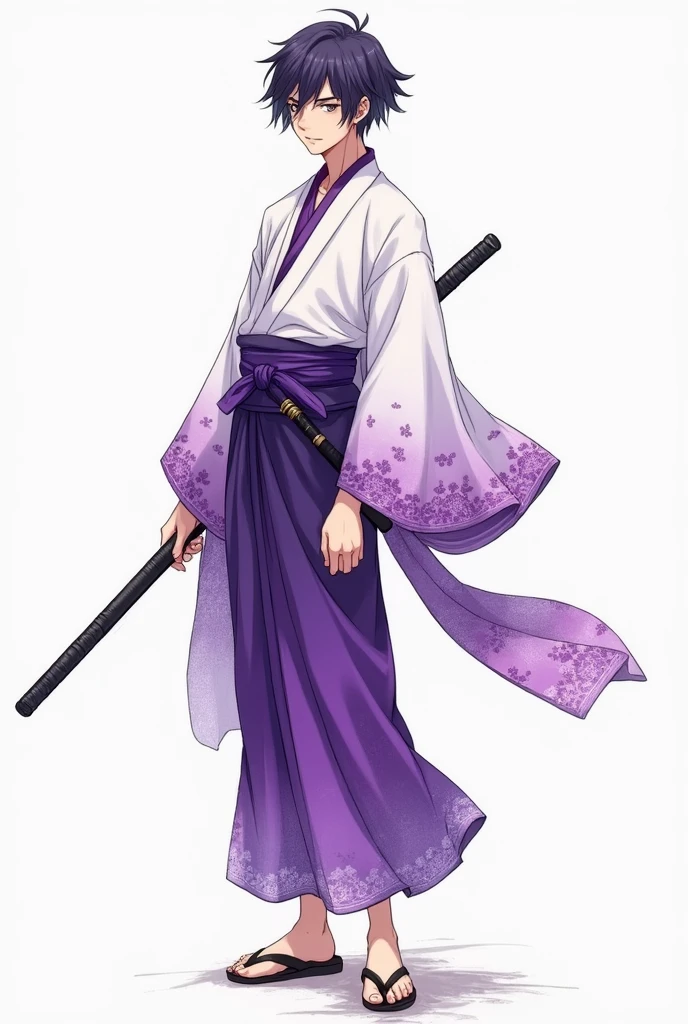 (illustrator) sketsa anime, samurai, kimono, blurple + white, front position, full body, boy, age 18