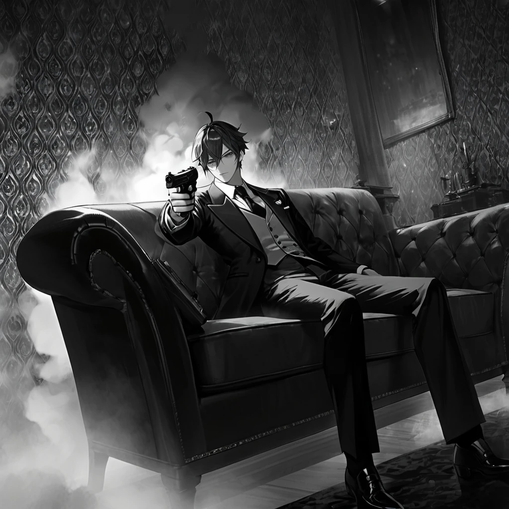 1man, masterpiece, strange head, couch, gun, pistol, smoke, formal clothes, suit, white shirt, gorgeous, no humans, cinematic, dramatic, contrast, night, fog, wallpaper, misteryous,