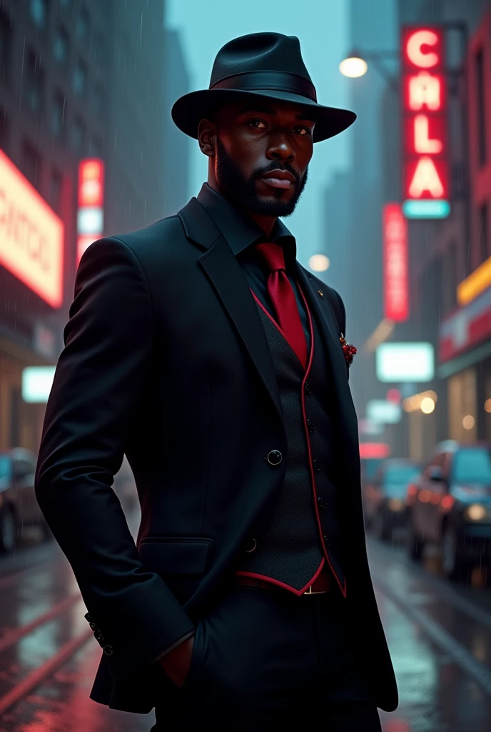 create a black guy with a hat and a black suit with red details. Make him face a street at night