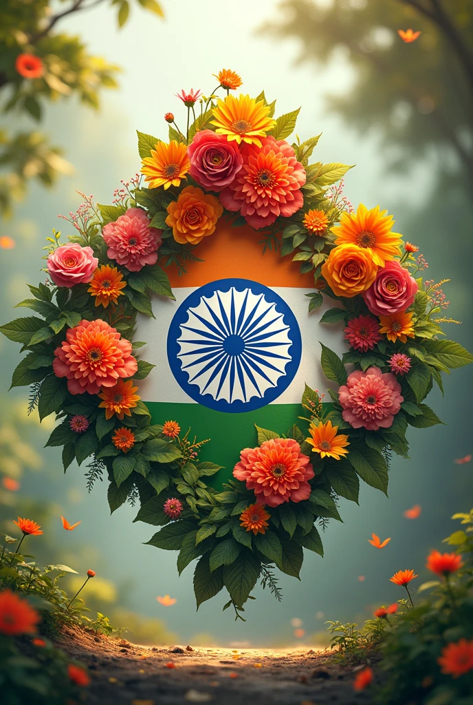 Image of the Indian flag in the shape of a profit. The four sides of the flag are decorated with beautiful flowers. And in the center of the flag will be written "JOY BISWAS".