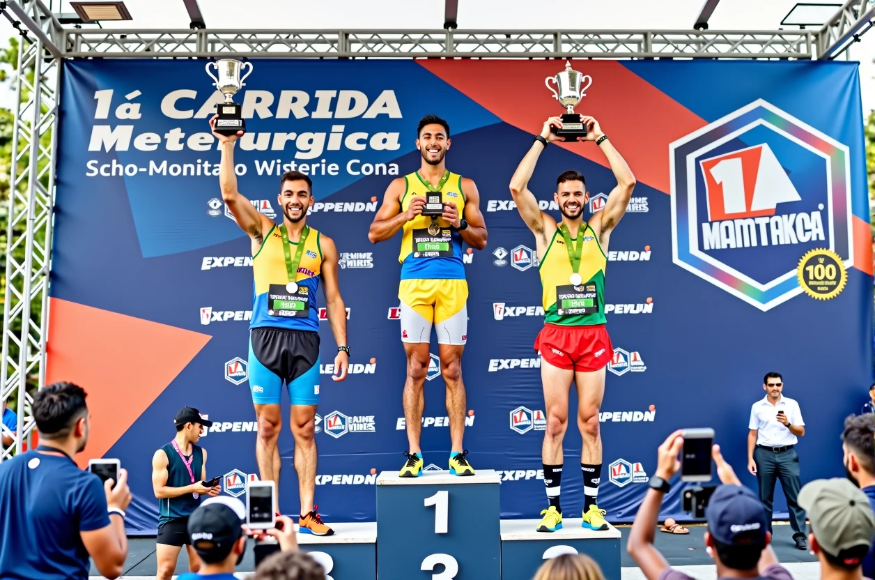 A high-quality photo of three Brazilian athletes standing on a podium during a marathon award ceremony in the daytime. The athletes are wearing colorful athletic gear and medals around their necks, proudly holding trophies above their heads with expressions of joy and accomplishment. The podium is marked with the numbers 1, 2, and 3, indicating their respective positions. The background features a large banner with the text "1ª Corrida Metelurgica" prominently displayed, along with the event’s sponsors. The scene is lively, with spectators and event staff visible, and the overall atmosphere is celebratory and triumphant.