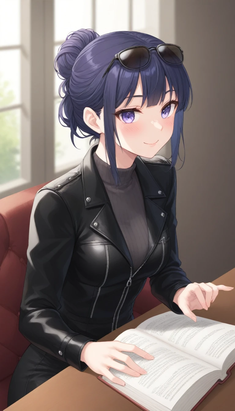 A striking young woman sits at a table in a sunlit park, fully immersed in reading a book. She has long, dark hair elegantly tied up in a bun, with stylish sunglasses perched ((on top her head)). Her hair is accented with a few loose, soft curls that frame her face, adding a delicate touch to her strong features. She wears a sleek black leather jacket with prominent zippers, which complements her modern, edgy style. Her expression is a faint smile and serene to viewer , with a subtle sense of confidence. Her overall look is both chic and approachable, capturing a blend of sophistication and natural beauty