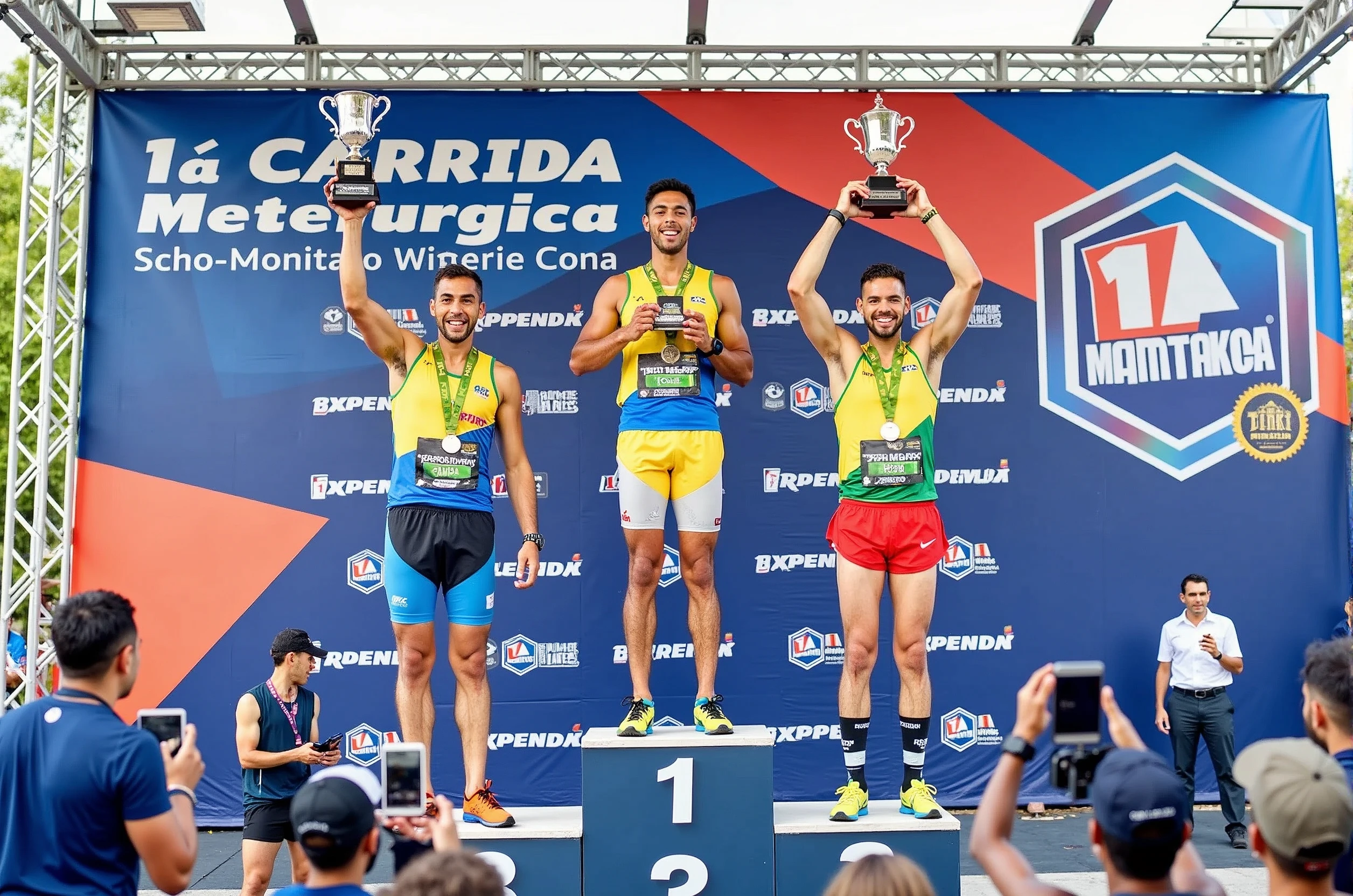 A high-quality photo of three Brazilian athletes standing on a podium during a marathon award ceremony in the daytime. The athletes are wearing colorful athletic gear and medals around their necks, proudly holding trophies above their heads with expressions of joy and accomplishment. The podium is marked with the numbers 1, 2, and 3, indicating their respective positions. The background features a large banner with the text "1ª Corrida Metelurgica" prominently displayed, along with the event’s sponsors. The scene is lively, with spectators and event staff visible, and the overall atmosphere is celebratory and triumphant.