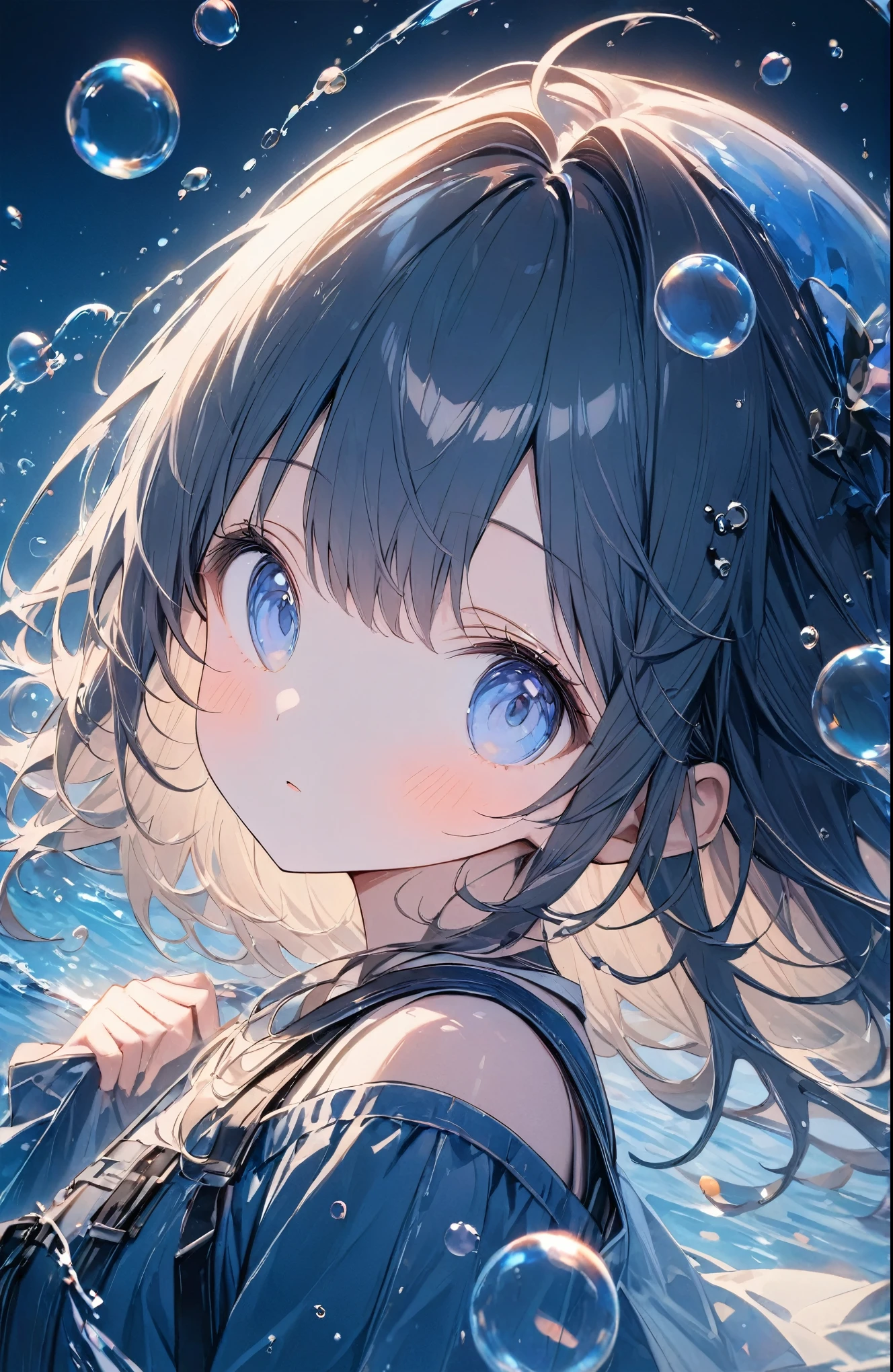 a((Amazingly absurd)),超High resolution, Attention to detail, high quality, High resolution, 最high quality, 4K, 8k,close-up,Cute girl,((Ethereal and mysterious image)),A sunken ruin、Girl in the water、Surrounded by bubbles、A world of deep blue、Overall, a work in deep blue tones