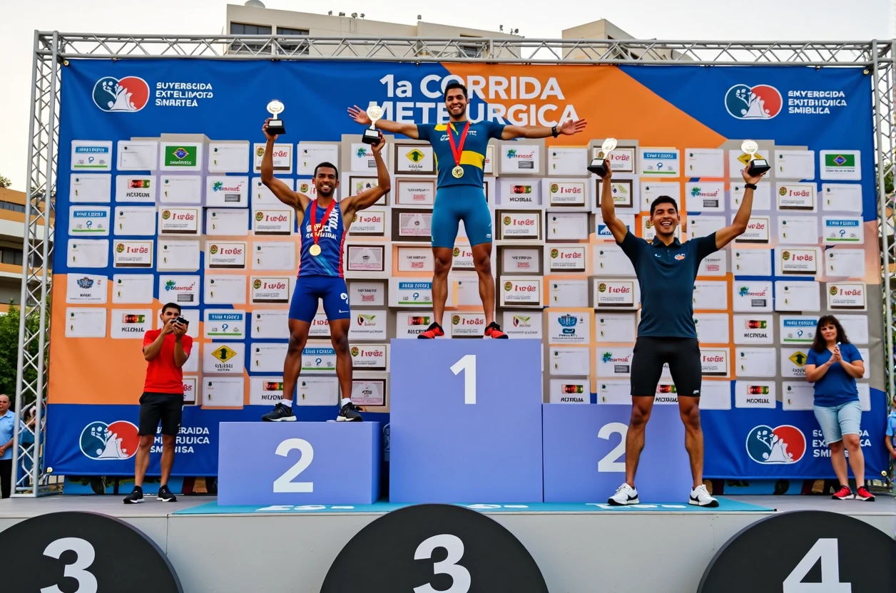 A high-quality photo of three Brazilian athletes standing on a podium during a marathon award ceremony in the daytime. The athletes are wearing colorful athletic gear and medals around their necks, proudly holding trophies above their heads with expressions of joy and accomplishment. The podium is marked with the numbers 1, 2, and 3, indicating their respective positions. The background features a large banner with the text "1ª Corrida Metelurgica" prominently displayed, along with the event’s sponsors. The scene is lively, with spectators and event staff visible, and the overall atmosphere is celebratory and triumphant.