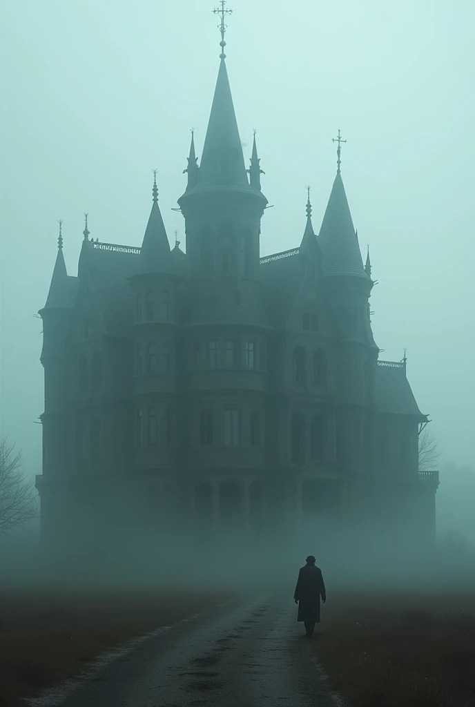 A gloomy mansion, in the open space, resembling the Addams family mansion, surrounded by fog