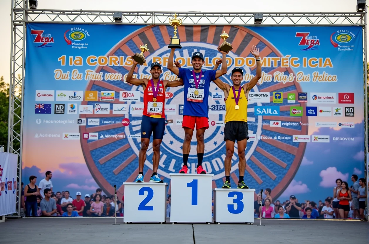 A high-quality photo of three Brazilian athletes standing on a podium during a marathon award ceremony in the daytime. The athletes are wearing colorful athletic gear and medals around their necks, proudly holding trophies above their heads with expressions of joy and accomplishment. The podium is marked with the numbers 1, 2, and 3, indicating their respective positions. The background features a large banner with the text "1ª Corrida Metelurgica" prominently displayed, along with the event’s sponsors. The scene is lively, with spectators and event staff visible, and the overall atmosphere is celebratory and triumphant.