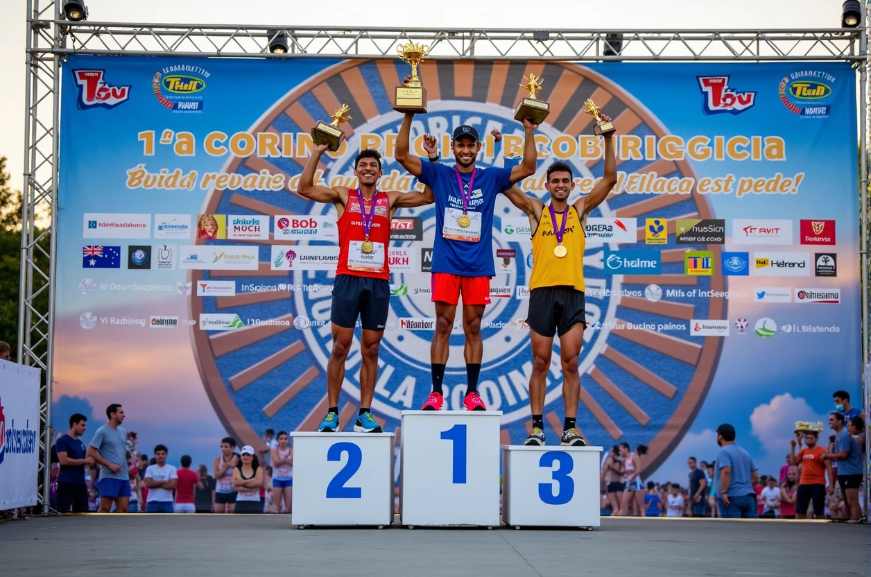 A high-quality photo of three Brazilian athletes standing on a podium during a marathon award ceremony in the daytime. The athletes are wearing colorful athletic gear and medals around their necks, proudly holding trophies above their heads with expressions of joy and accomplishment. The podium is marked with the numbers 1, 2, and 3, indicating their respective positions. The background features a large banner with the text "1ª Corrida Metelurgica" prominently displayed, along with the event’s sponsors. The scene is lively, with spectators and event staff visible, and the overall atmosphere is celebratory and triumphant.