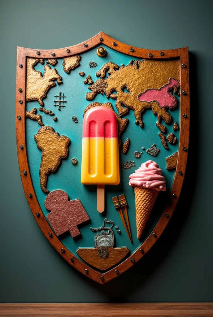 I need a shield that is my personal brand. The shield should contain some element that is used in school such as notebooks or books. It should also contain some element related to the school subject of geography. In addition to that, it must contain a popsicle, family and an ice cream cone.