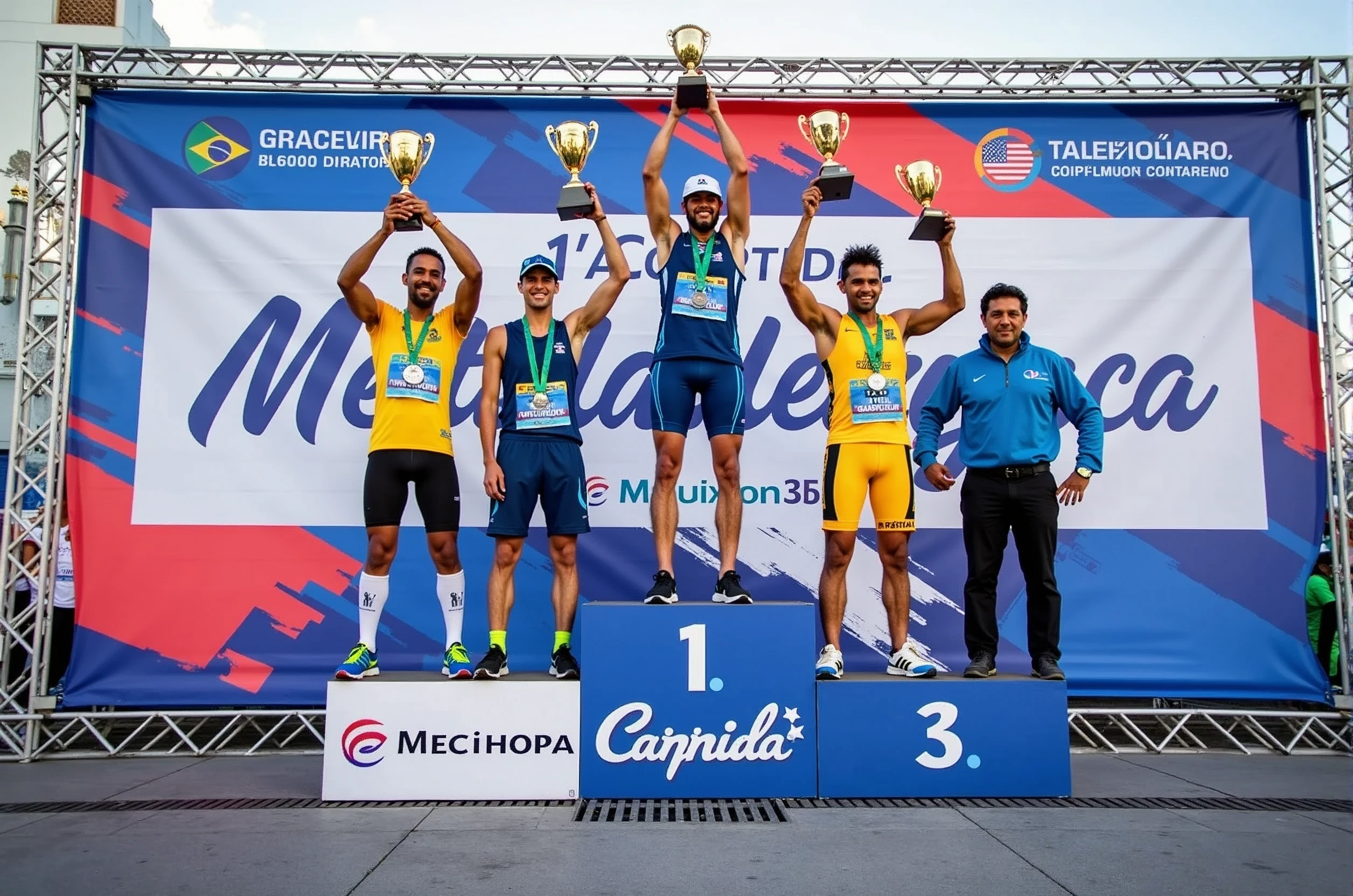 A high-quality photo of three Brazilian athletes standing on a podium during a marathon award ceremony in the daytime. The athletes are wearing colorful athletic gear and medals around their necks, proudly holding trophies above their heads with expressions of joy and accomplishment. The podium is marked with the numbers 1, 2, and 3, indicating their respective positions. The background features a large banner with the text "1ª Corrida Metelurgica" prominently displayed, along with the event’s sponsors. The scene is lively, with spectators and event staff visible, and the overall atmosphere is celebratory and triumphant.