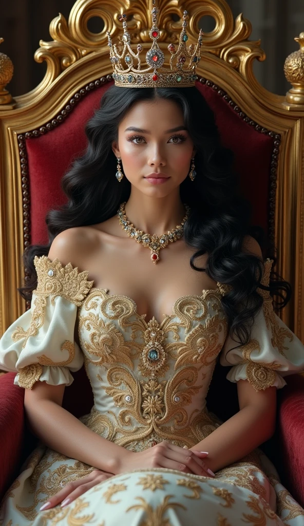 The beautiful 18-year-old queen。whole body。Sit on a throne、Wearing the crown、Holding a scepter and a jewel