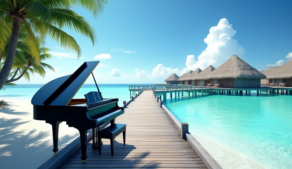 A black grand piano in natural light、Shows a wooden pier leading to thatched roof overwater bungalows。The sky is clear and there are few clouds、The sea is a vibrant turquoise color。This setting is、Interesting for its quiet and picturesque quality、Tropical resort、White sand beach can be seen。White clouds in the sky、white waves、