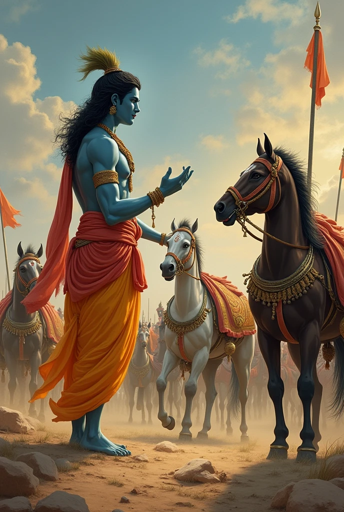 Krishna Encouraging Arjuna to Fight: Depict Krishna encouraging Arjuna to stand up and fight for righteousness, with a determined expression on both faces.