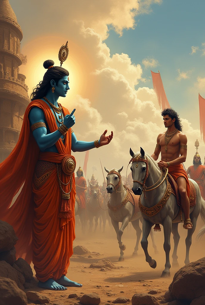 Krishna Encouraging Arjuna to Fight: Depict Krishna encouraging Arjuna to stand up and fight for righteousness, with a determined expression on both faces.