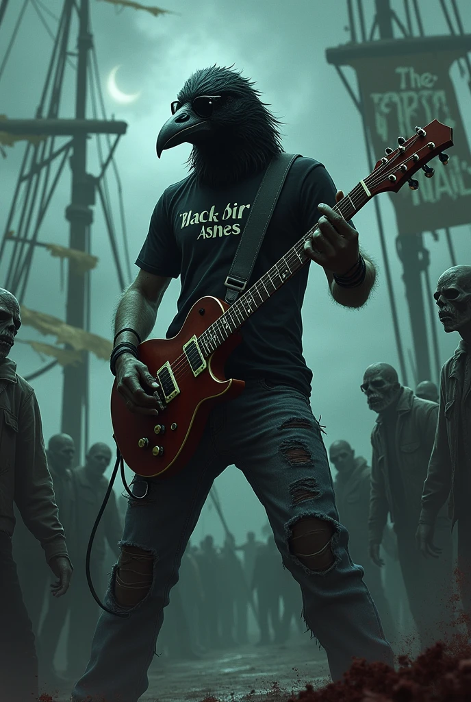 Crow with black glasses,dressed in ripped jeans and a black t-shirt that says "Blackbird Ashes". Playing electric guitar on a ghost ship with zombies. And hanging from the boat,a sign that says "The Terror"