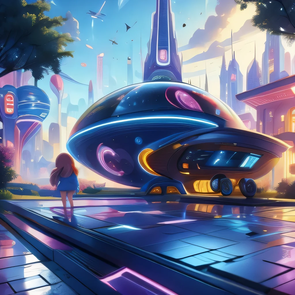 Child-friendly future city design，Ultra wide angle，Technology，Futuristic，Children's style，Disney style，two  playing，Playfulness，