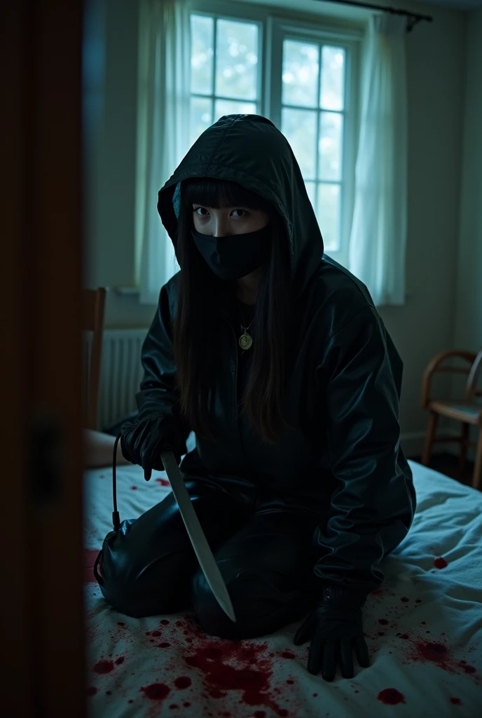 korean girl, (behind corpse, full face helmet), holding knife, stabbing, black gloves, room full of blood, black raincoat, plump girl, long bangs, hood up, holding knife, black gloves, behind corpse, blood splatter, 20 years old, bed room, black wet suit, night, mass murderer, killer, robbery, dark atmosphere, cinematic lighting, atmospheric realistic, light from the window close-up,
