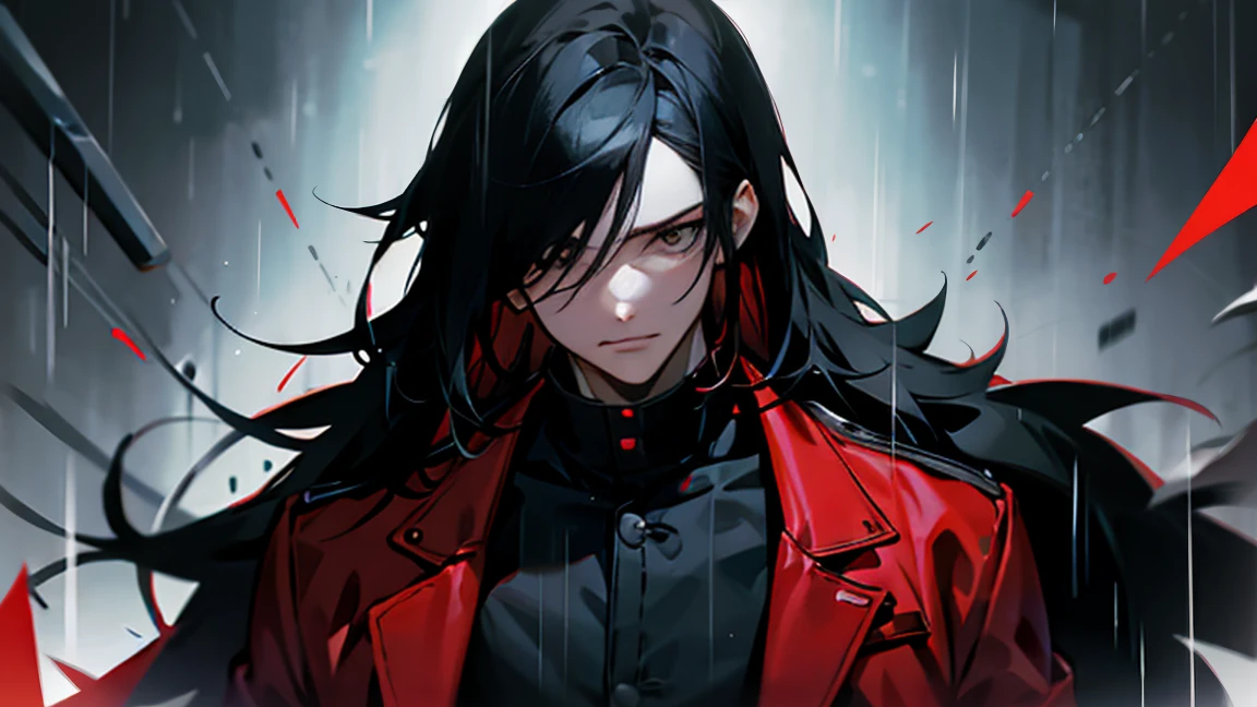 Black Hair、Red jacket、Black Shirt、Upper Body、male、One man、(Red Eye)、Long Hair、Heavy rain、Black background with a haze、Front view、Cold look、Handsome