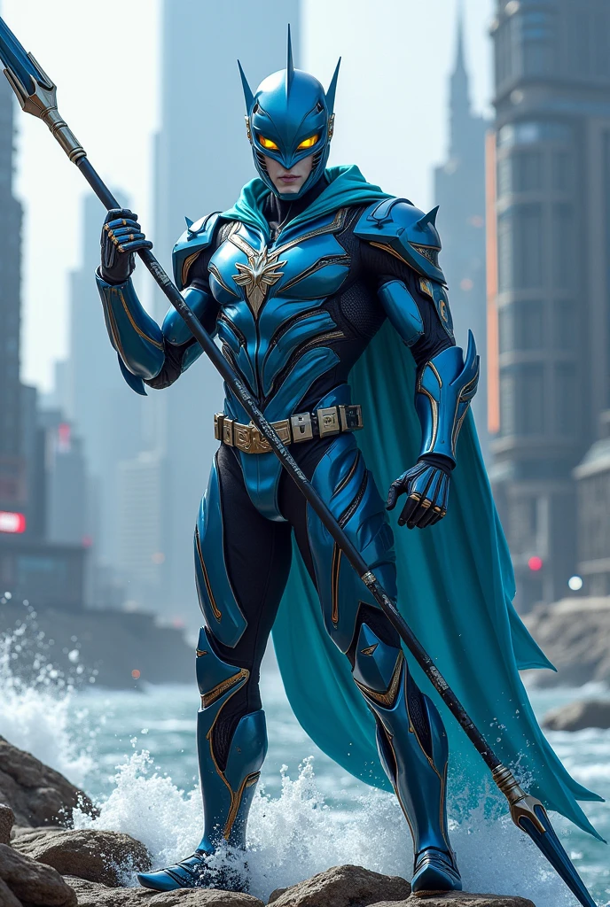 Masked Rider Shark, blue and white theme, weapon is a spear, yellow eyes