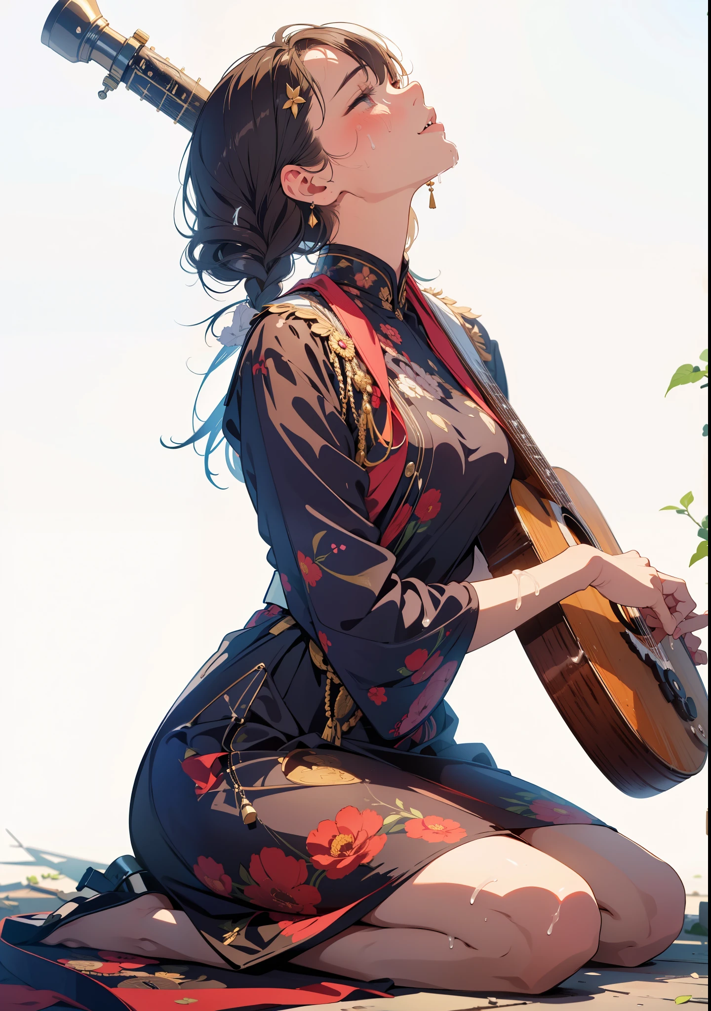 (masterpiece), (best quality), (ultra-detailed), (best illustration), (best shadow), (absurdres), Female, 25 years old, looking at viewer, medium breasts, 1girl, shy, nsfw:1.3, orgasm face, ??????, masturbation, sweat, steam, nose blush, closed eyes, bukkake, cum, shamisen, tongue,
