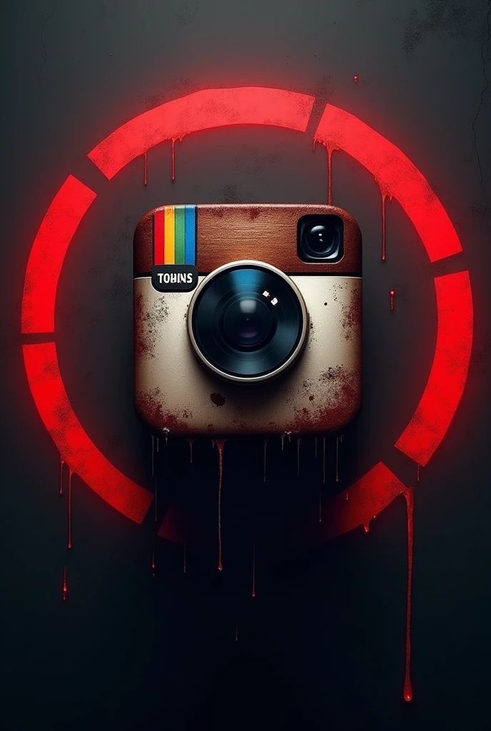 Edit instagram logo it must contain a sign which indicates danger , make it little bit horrifying . Provide the image in 16:9. It must contain original colors of insta logo. Logo should circled with red circle